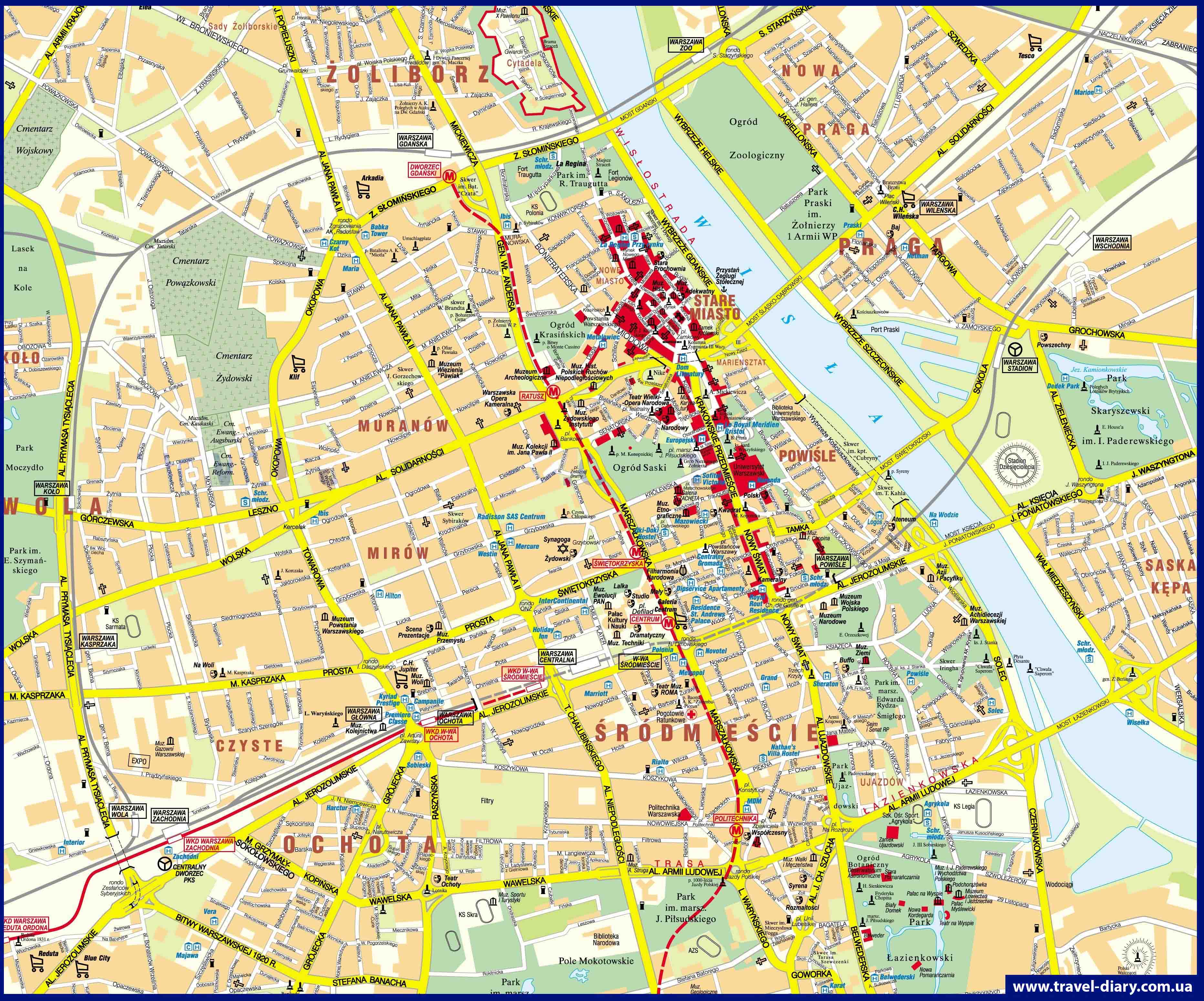 Подробная карта центра города Варшавы